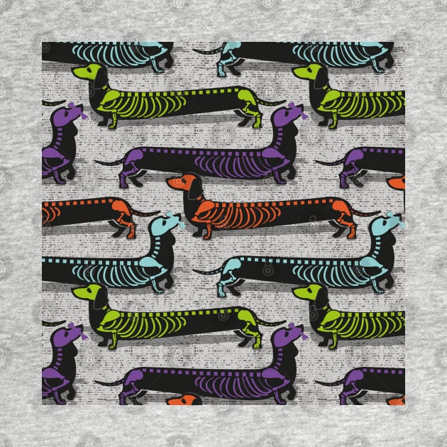 Spooktacular long dachshunds skeleton // light grey background multicoloured dog bones by SelmaCardoso